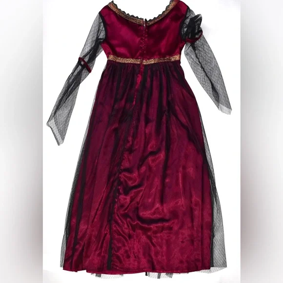 Ladies full length a line renaissance dress magenta satin and lace costume - Picture 8 of 8